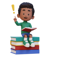 3D kid character get an idea when reading a book png