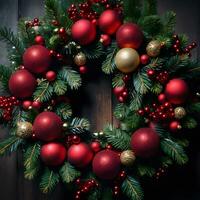 AI Generated A holiday wreath with red ornaments and pine branches. photo