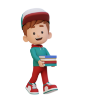 3D happy kid character holding book png