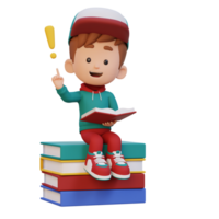 3D kid character get an idea when reading a book png