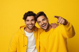 AI generated two happy young male friends pointing on isolated yellow background photo