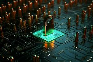 AI generated Security in circuits Microchips and illuminated padlocks on electronic board photo