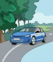 A blue car moving on the road with trees on side vector