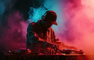 AI generated dj in smoke by neon light photo