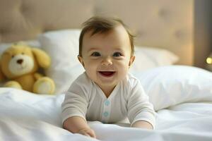 ai generado pequeño recién nacido bebé chico sonriente en cuna foto