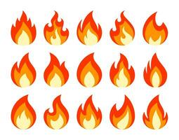 Fire emoji. Campfire burning flame, cartoon hot red bonfire, fireball abstract cool awesome symbol. Isolated wildfire vector icons set