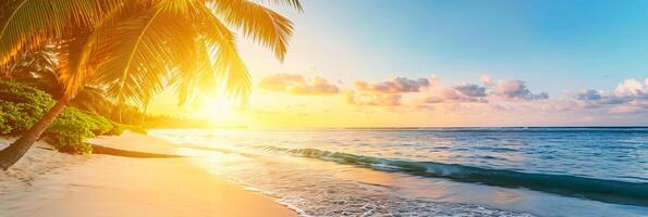 AI generated Sunny exotic beach by the ocean with palm trees at sunset summer vacation Generate AI photo