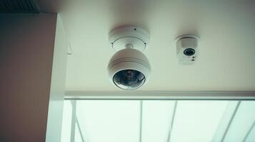 AI generated CCTV security camera in office building background photo