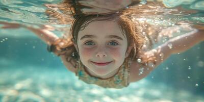 AI generated A cheerful little girl confidently swimming in the pool, children and water image photo