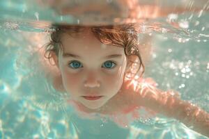 AI generated A pretty little girl is swimming in the pool photo