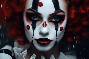 Evil clown with creepy makeup for Halloween costume photo