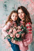 ai generado madre y hija abrazo con flores foto