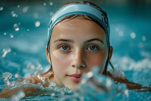 AI generated A girl in a swimming cap swims in a blue pool photo