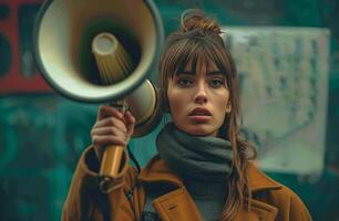 AI generated a woman holding a megaphone and protesting street signs, photo