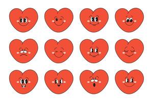 Set of hearts of funny cartoon characters with different emotions. Cartoon heart mascots. Fashionable emoticons in retro style. Vector