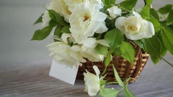 bouquet of beautiful white roses on a wooden table video