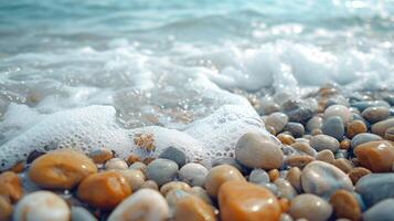 AI generated Foamy sea waves gently wash over a pebble beach, with sunlight sparkling on the water's surface. photo