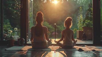 ai generado un madre y hija practicando meditación juntos a hogar foto