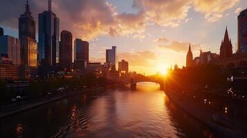 AI generated Bustling Cityscape at Sunset Iconic Landmarks and Vibrant Street Life Captured in Wide 24mm Shot photo