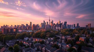 AI generated Vibrant Cityscape at Sunset Iconic Landmarks Bustling Street and People in the Foreground photo