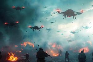 AI Generated swarm of flying drones above battlefield of last war photo