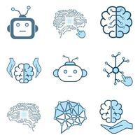 Groups of 9 artificial intelligence icon, symbols collection, isolated lined machine AI icon, Set of brain, cybernetic, ai, head, technology  concepts vector