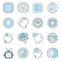 artificial intelligence icon, symbols collection, isolated lined machine AI icon, smart AI and robotic and cloud computing network digital AI technology, vector illustration