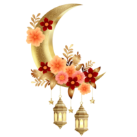 Elegant crescent moon with flowers and lanterns png