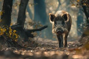 AI generated Lonely wild boar walks in forest. photo