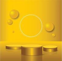 Empty gold podium with line yellow neon ring on background. 3d render. Dark abstract scene with pedestal floating in the air and neon circle frame vector