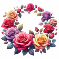 AI generated Flower wreath of roses for romantic designs, wedding invitations, floral backgrounds, botanical prints, feminine branding, and greeting cards. png