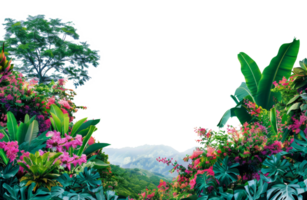 ai generado vibrante tropical flores y plantas con montaña en transparente antecedentes - valores png. png