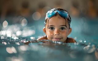 AI generated Close-up of a smiling young girl with goggles swimming in the pool. photo