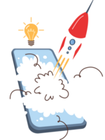 Mobile phone with rocket launch, metaphor for new startup with application for smartphone users. Successful launch of business project using modern technologies and mobile gadgets. png