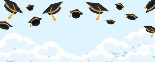 Black graduate caps on the sky. Congratulation graduates 2024 class of graduations background vector