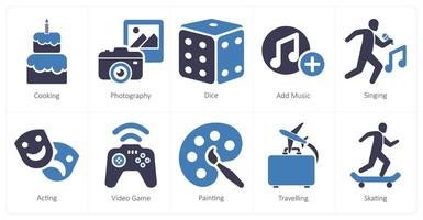 A set of 10 hobby icons as cooking, photography, dice vector