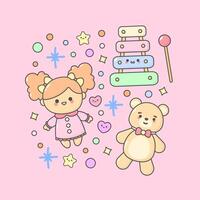 boys girls toys play doll teddy bear music with cute facial expressions and pastel colour vector