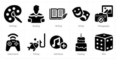 A set of 10 hobby icons as painting, reading, writing vector