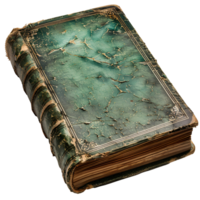 Old green book with leather cover and yellow pages. Green book top view png