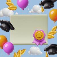 3d Graduate diploma and medal with copy space there dimensional congrats post template vector