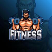 Fitness man with dumbbells mascot logo design for badge, emblem, esport and t-shirt printing vector