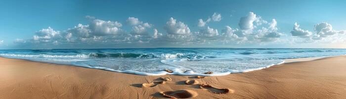 Gentle footprints in the sand leading towards the ocean photo