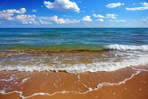 Beach with turquoise waters and golden sands, kissed by the warm sun of summer photo