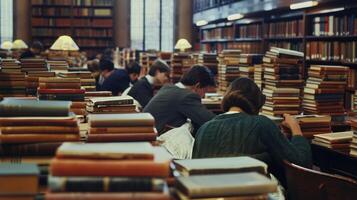 In a university library a row of students sit at desks backs facing the camera as they pore over thick stacks of books. The . photo