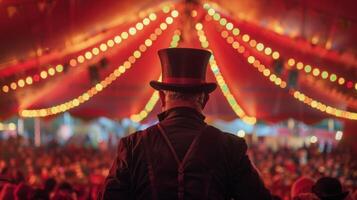 A ringmaster standing tall and proud back to the cameras as surveys the crowd gathered underneath the big top. . photo