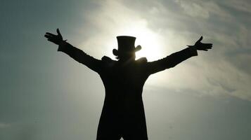 Silhouetted against the bright sky a figure stands with arms outstretched back facing the camera. Dressed in a top hat and tails . photo