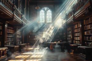 Sunlight streams into library, illuminating space with warm glow photo