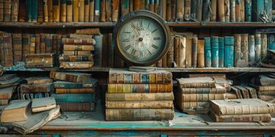 An antique clock is placed atop a pile of books on a shelf photo