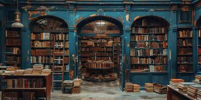 A library with many books, wood and metal shelves in a city or settlement photo