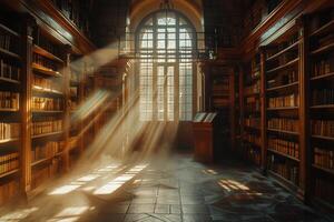 The sun shines through a window in a library full of books photo